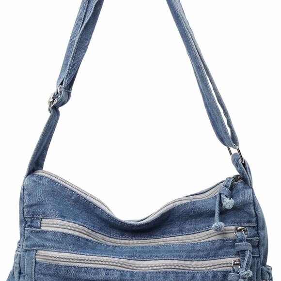 Denim Tote Bag Casual Crossbody Shoulder Handbag with Multi-Pockets for Women - Picture 1 of 7